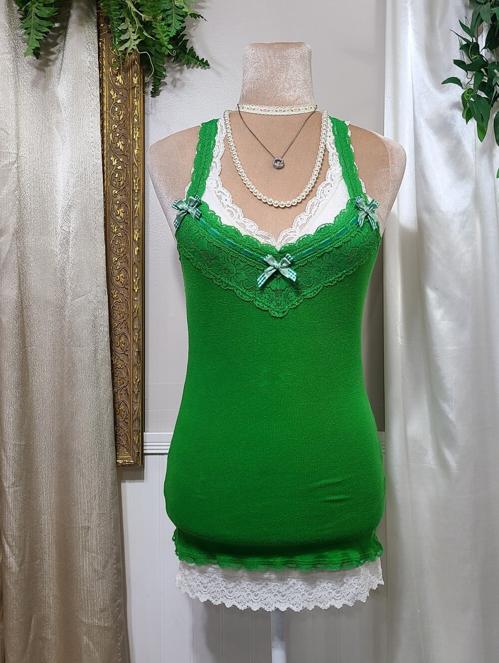 ♡ Y2K ♡ Abercrombie And Fitch Green Lace Babydoll Racerback Cami Tank Top